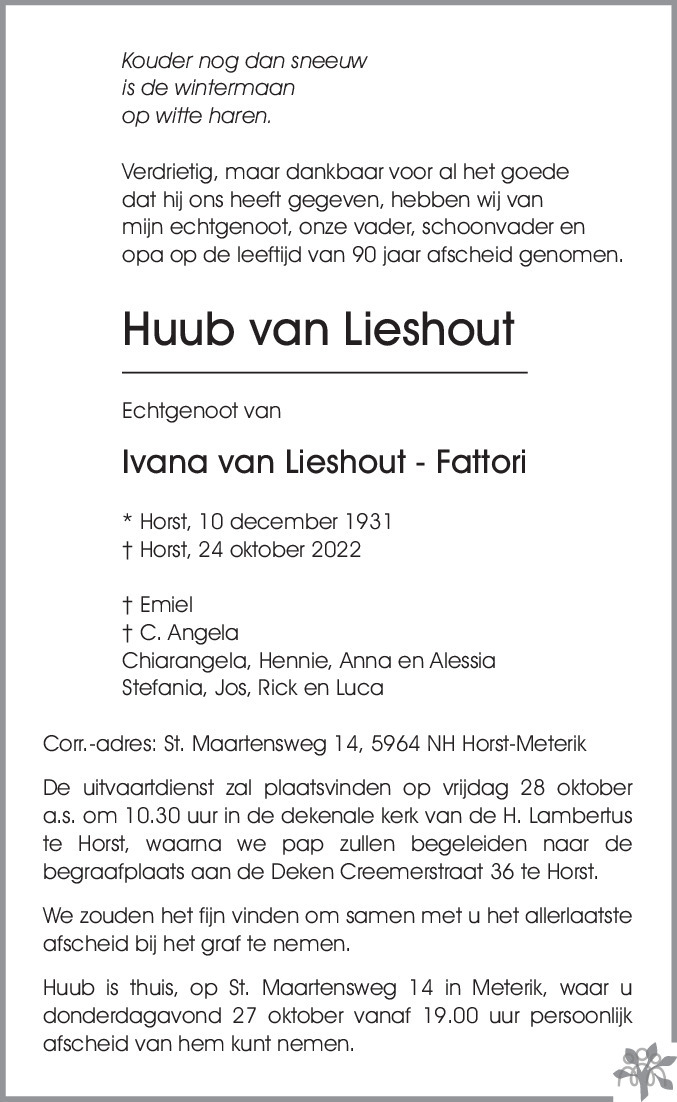 knoflook bijnaam Spin Huub van Lieshout te Horst is overleden - Oozo.nl