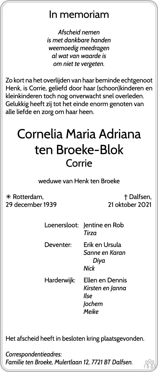 Discriminatie op grond van geslacht vraag naar munt Cornelia Maria Adriana ten Broeke-Blok te Dalfsen is overleden - Oozo.nl