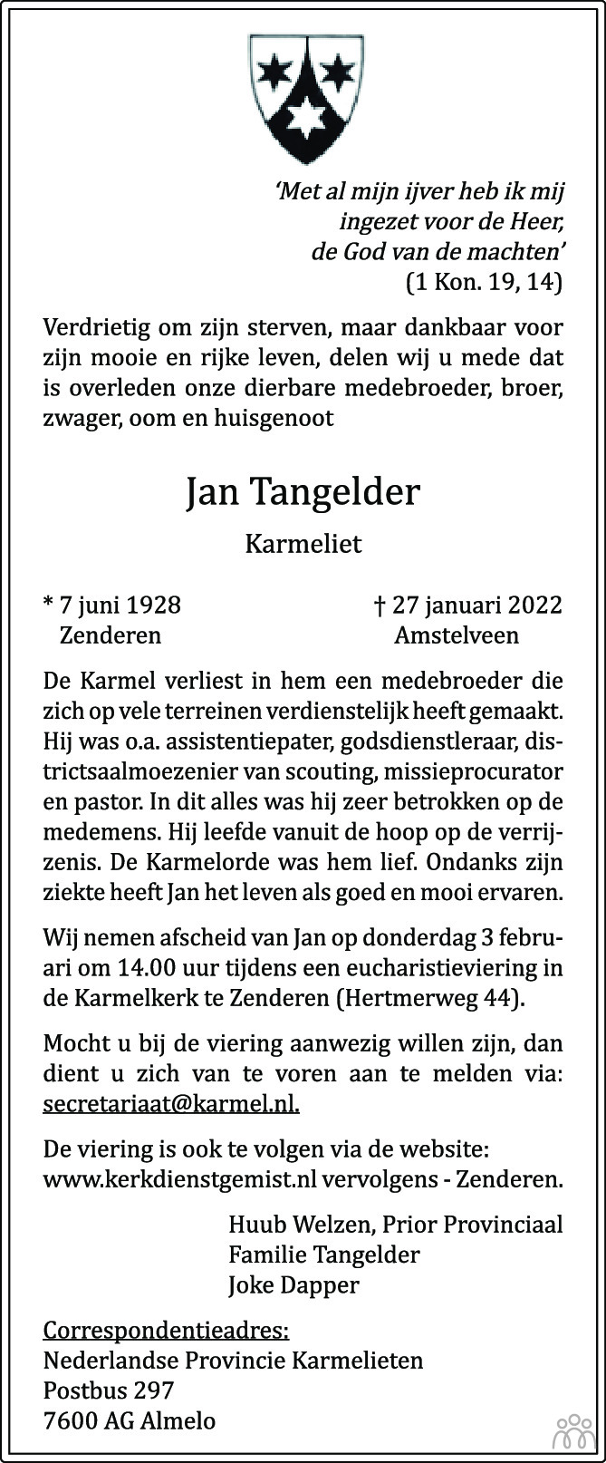 Jan Tangelder te Amstelveen is overleden