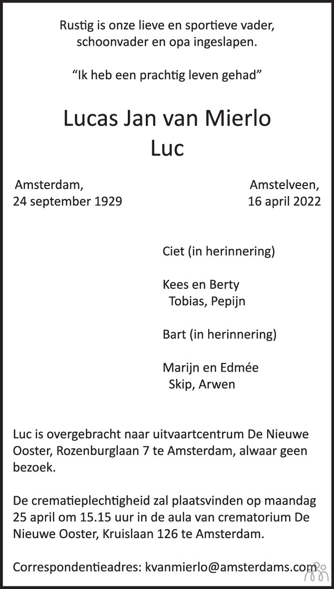 Lucas Jan van Mierlo te Amstelveen is overleden