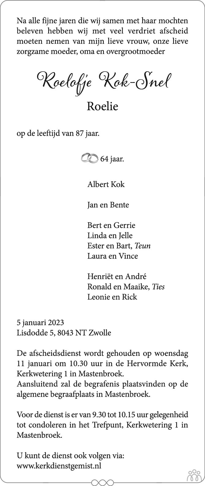 Roelofje Kok-Snel te Zwolle is overleden