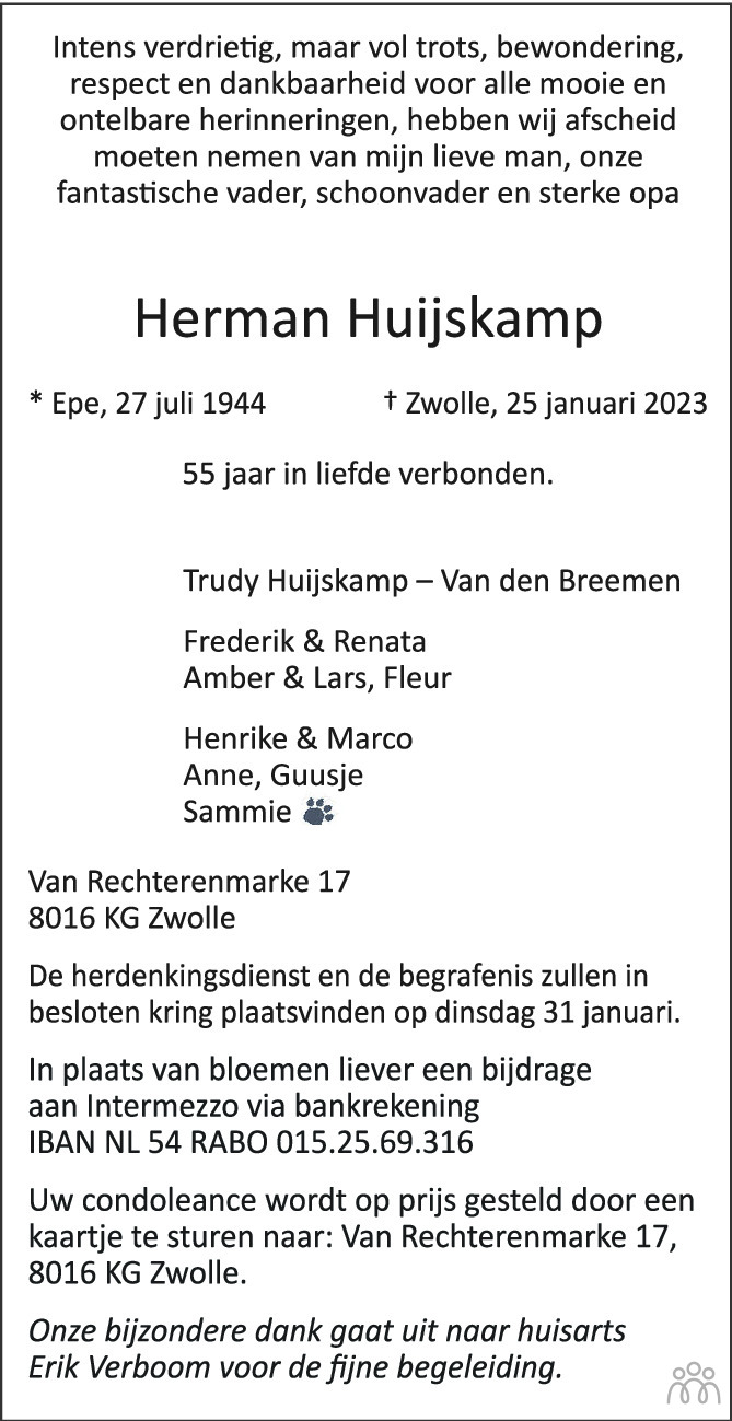 Herman Huijskamp te Zwolle is overleden